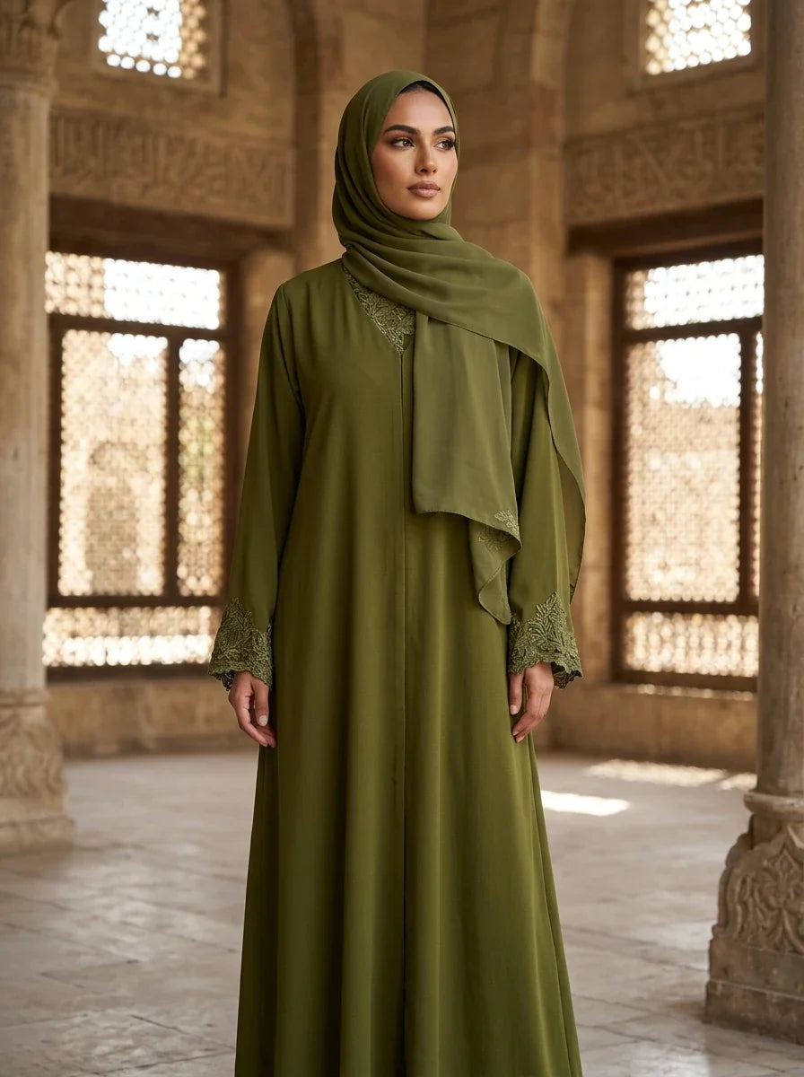 Areesha Abaya in Olive Green - lace trim embroidered abaya