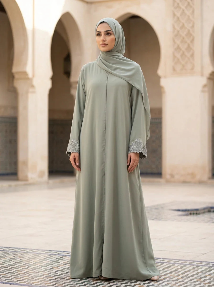 Areesha Abaya in Sage Green - lace trim embroidered abaya