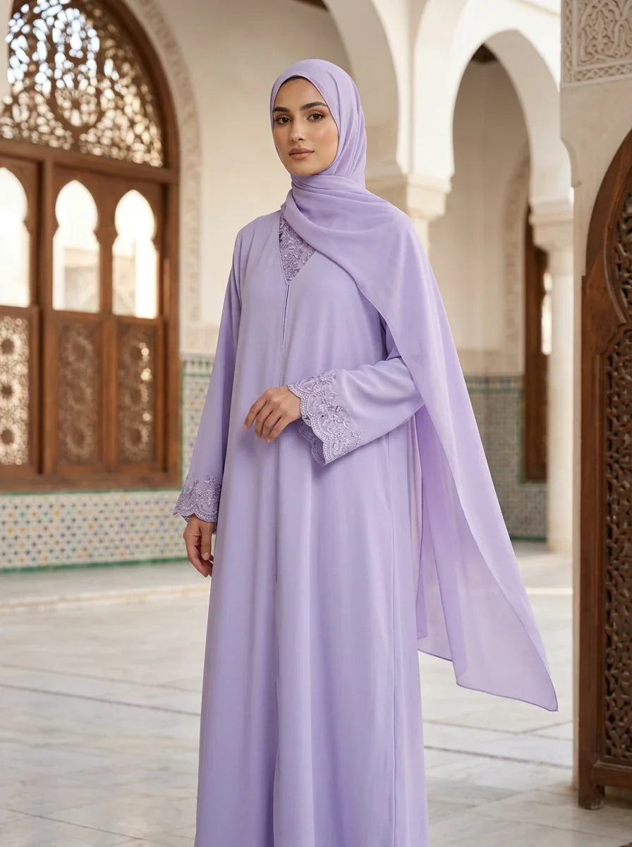 Areesha Abaya in Soft Lavender - lace trim embroidered abaya