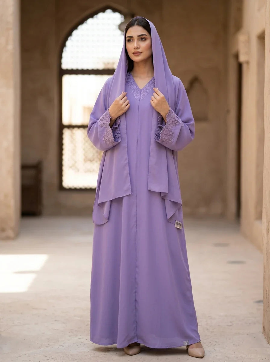 Areesha Abaya in Violet Lilac - lace trim embroidered abaya