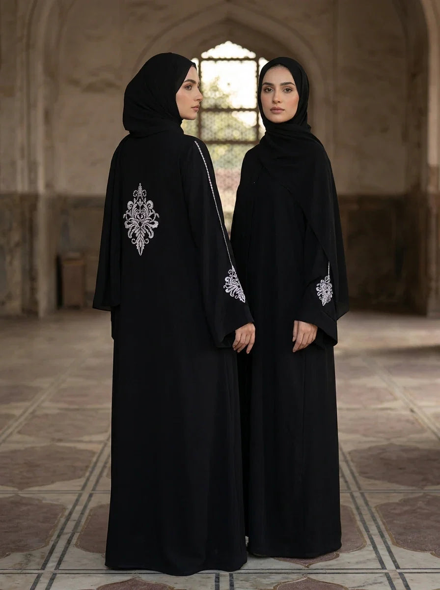 Falak Abaya - black abaya with white chest embroidery