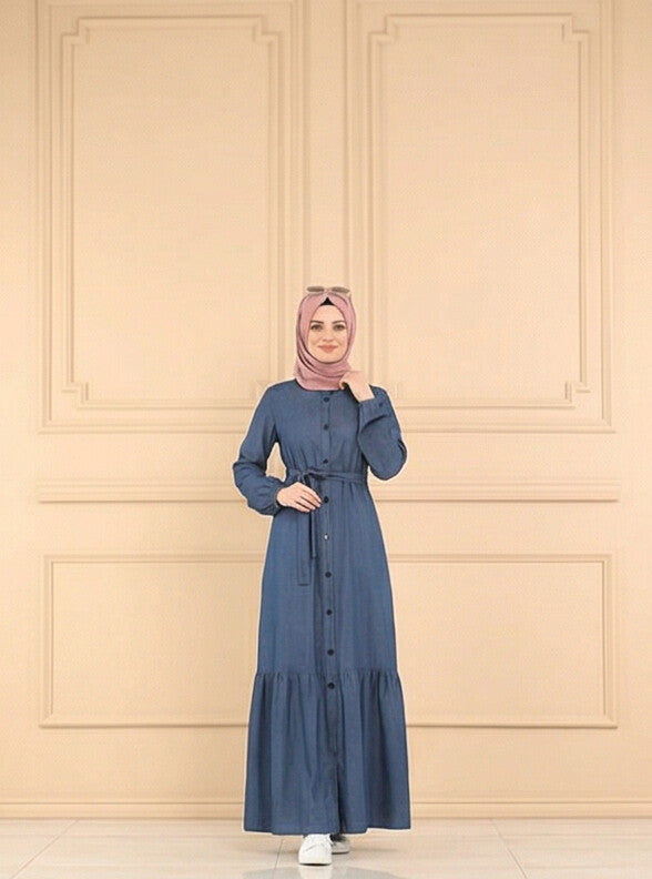 Women Navy Blue Solid Denim Front open Abaya Burqa