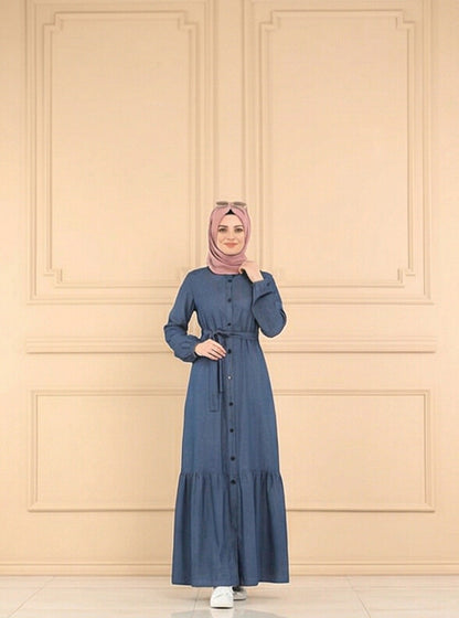 Women Navy Blue Solid Denim Front open Abaya Burqa