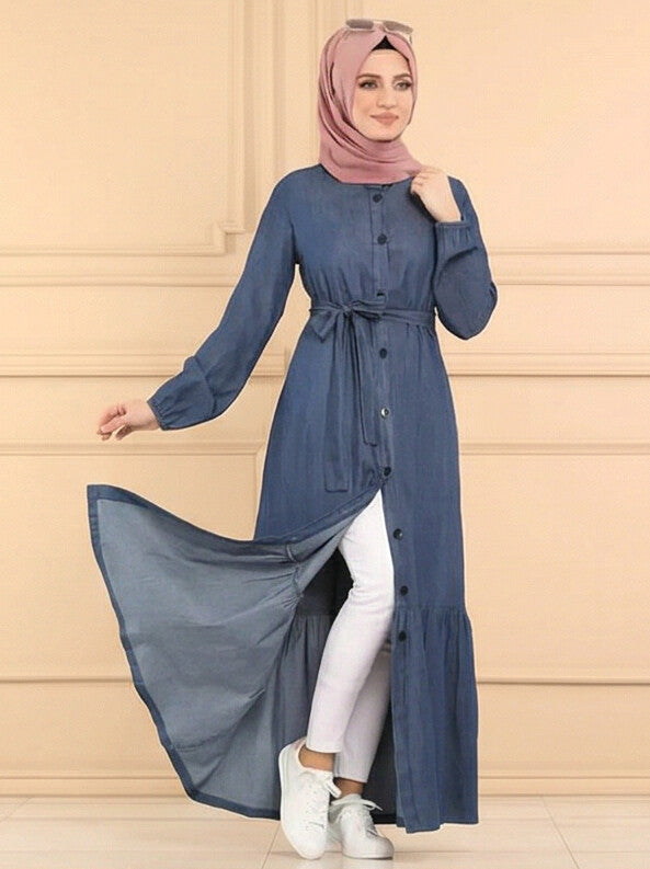 Women Navy Blue Solid Denim Front open Abaya Burqa