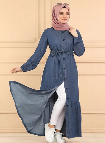 Women Navy Blue Solid Denim Front open Abaya Burqa