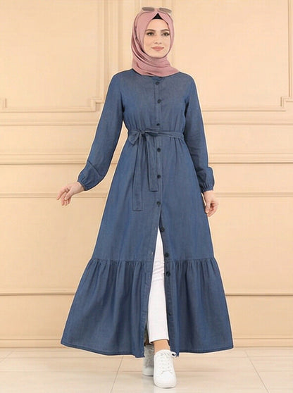 Women Navy Blue Solid Denim Front open Abaya Burqa