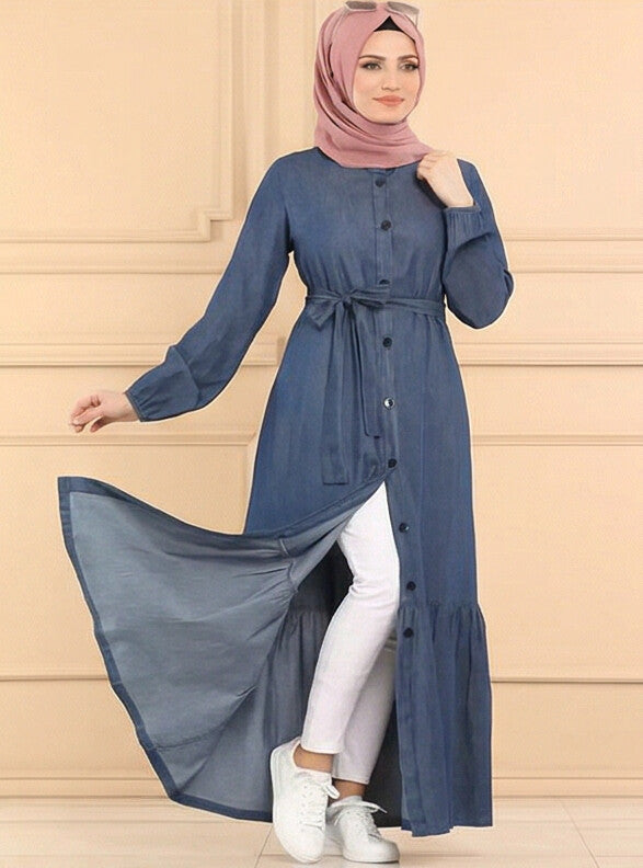 Women Navy Blue Solid Denim Front open Abaya Burqa