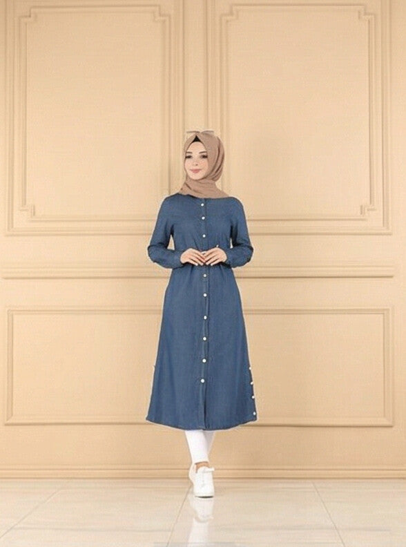 FashionSense Dark Blue Denim Coat for Women – Stylish Outerwear for All Seasons