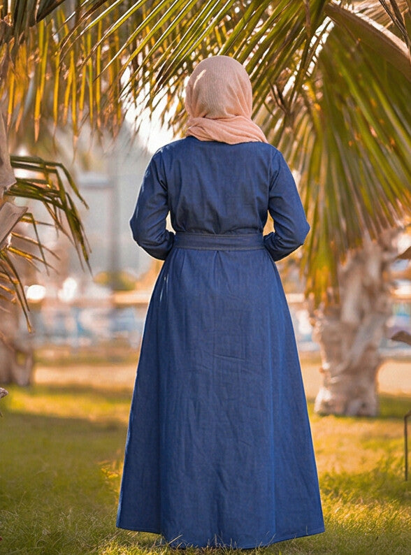 FashionSense Navy Blue Summer Maxi Style Jilbab Thread Designed Denim Abaya – Hurry Up Shop Now