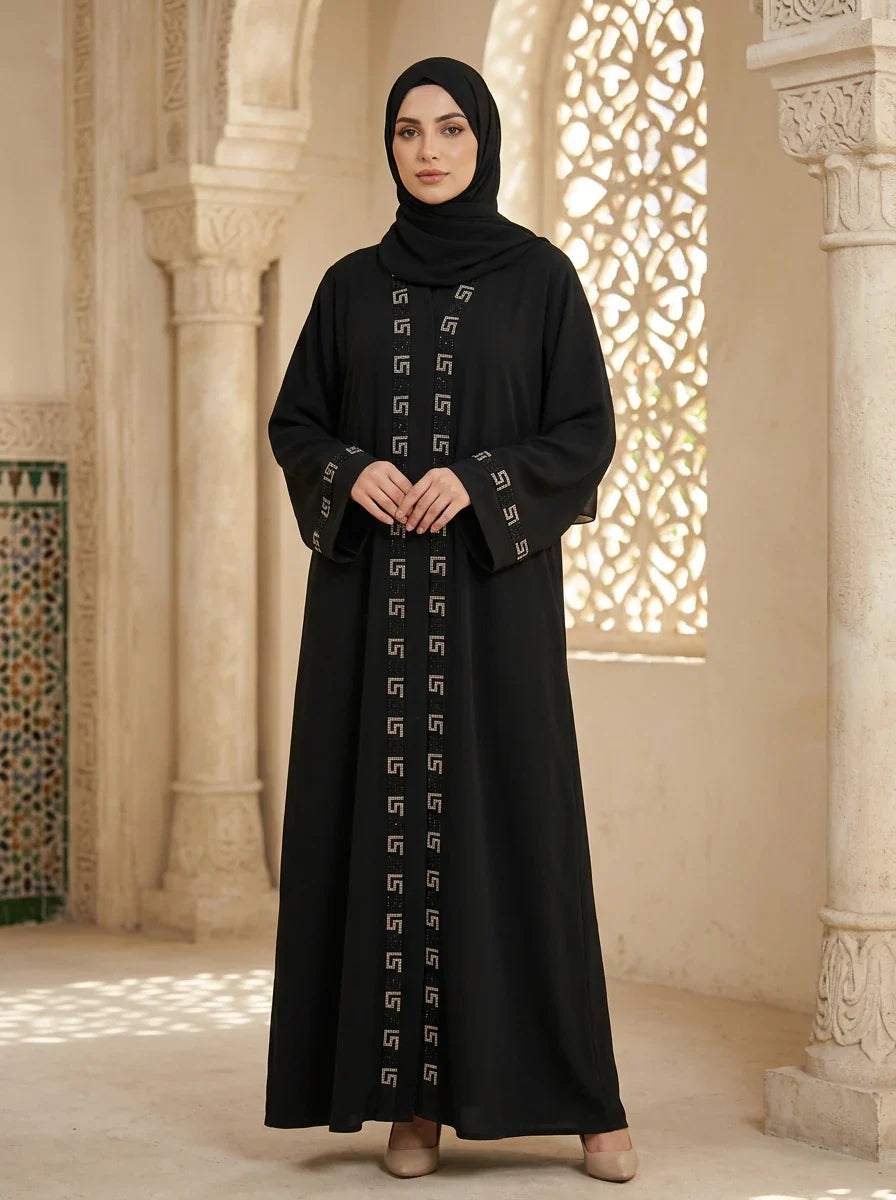 Mahrukh Abaya in Black - geometric embroidered abaya