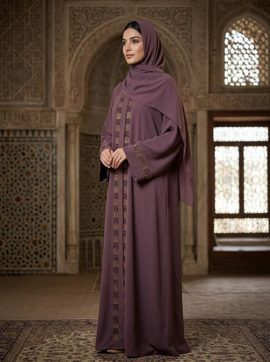Mahrukh Abaya in Dusty Mauve - geometric embroidered abaya