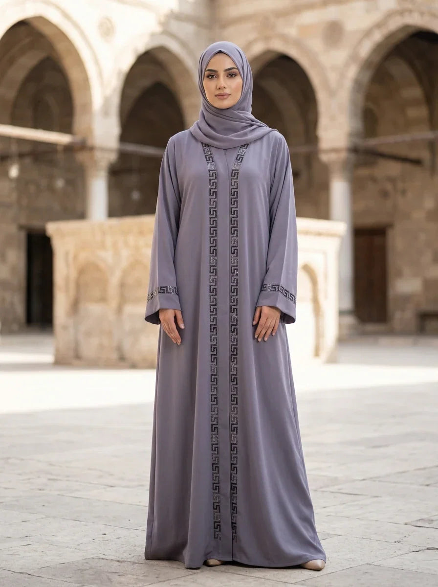 Mahrukh Abaya in Lavender Grey - geometric embroidered abaya