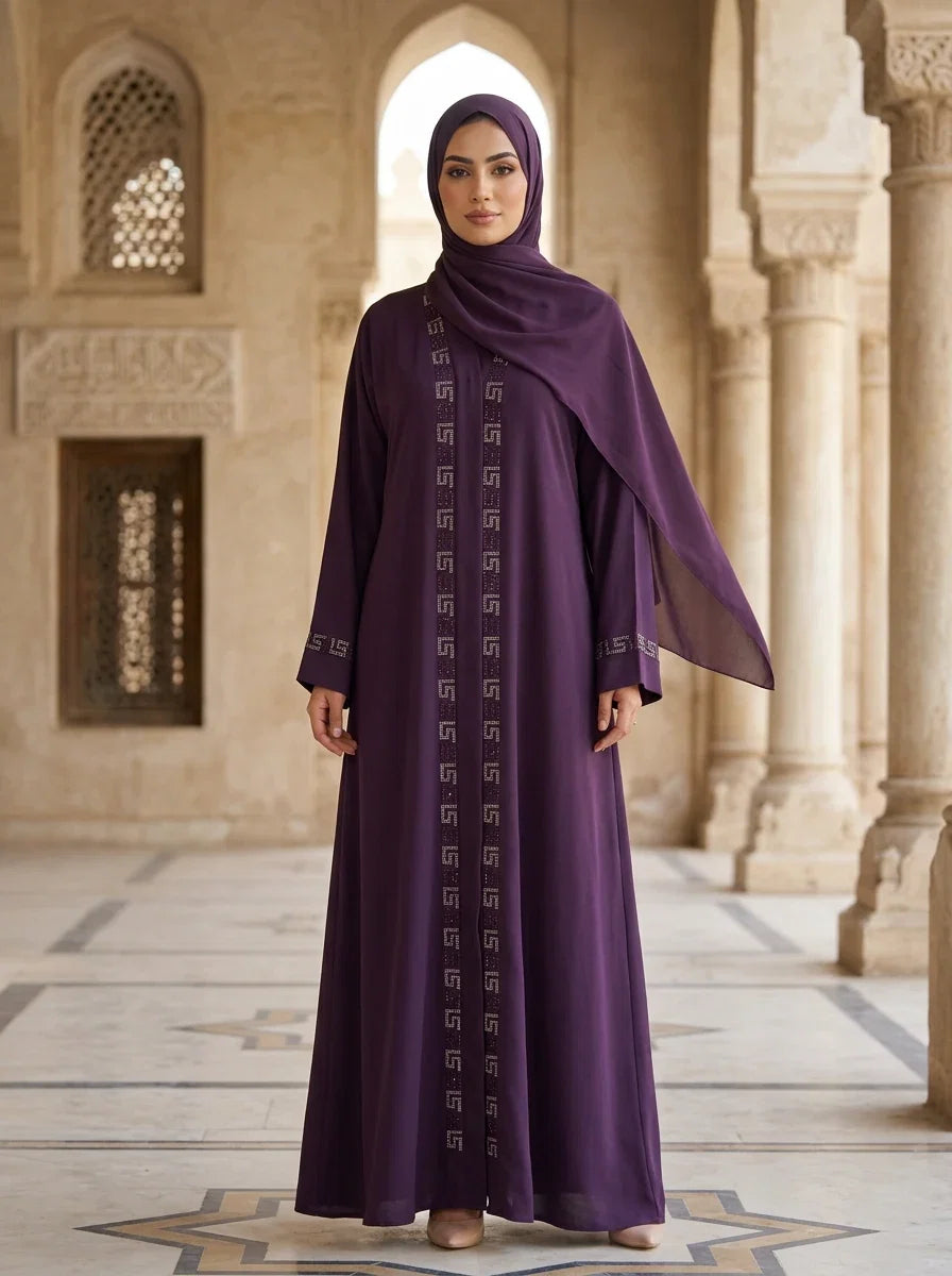 Mahrukh Abaya in Royal Purple - geometric embroidered abaya