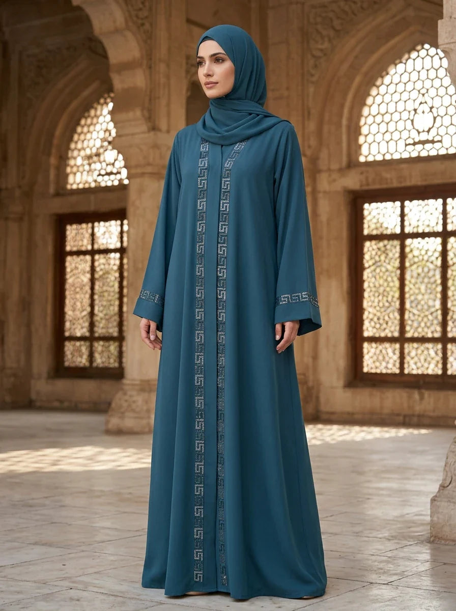 Mahrukh Abaya in Teal Blue - geometric embroidered abaya