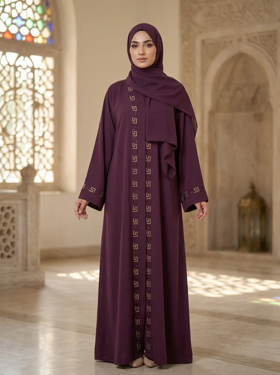 Mahrukh Abaya in Wine Plum - geometric embroidered abaya