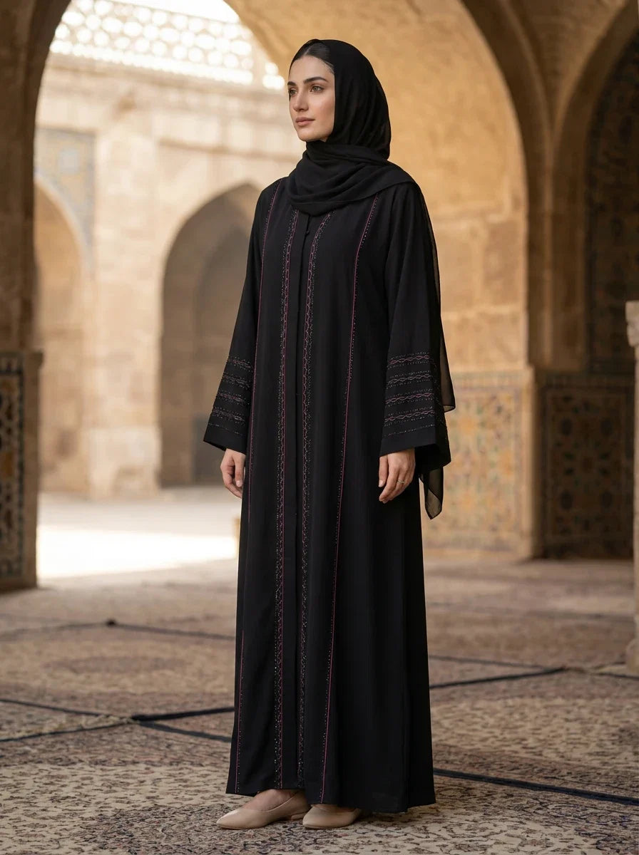 Mirha Abaya with pink contrast embroidery - black abaya