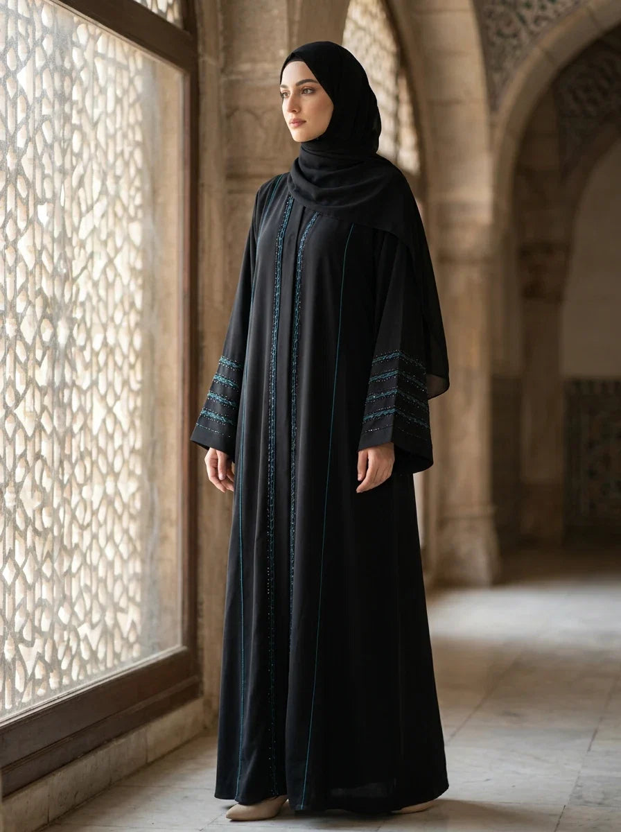 Mirha Abaya with teal contrast embroidery - black abaya