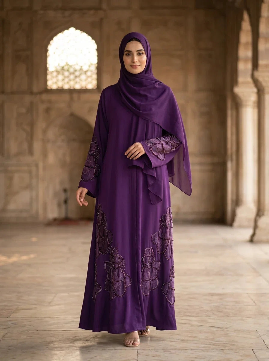 Nashita Abaya in Deep Purple - floral applique abaya