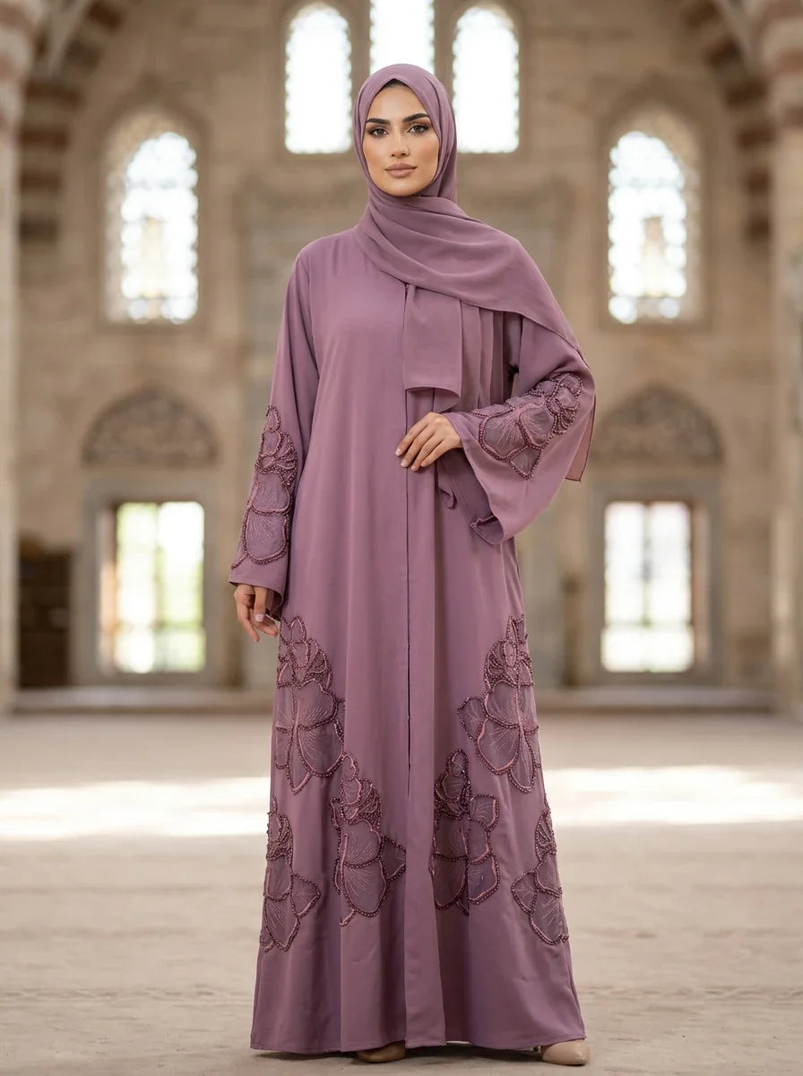 Nashita Abaya in Mauve Pink - floral applique abaya