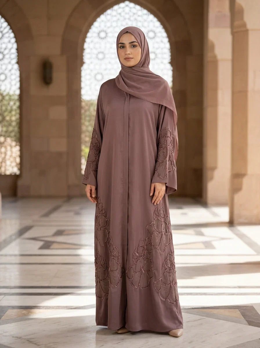 Nashita Abaya in Rosewood - floral applique abaya