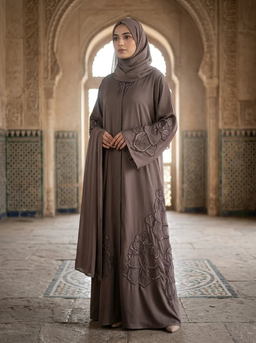 Nashita Abaya in Stone Taupe - floral applique abaya