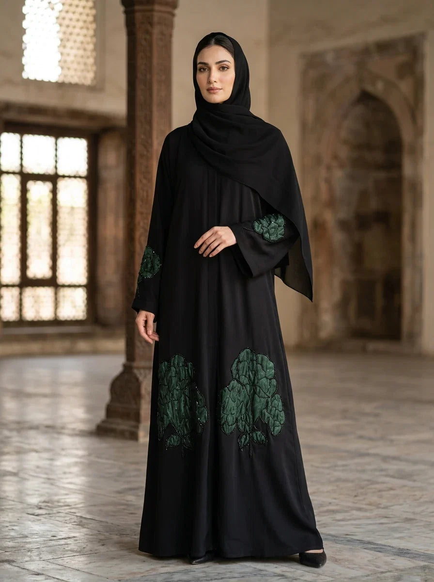 Nayab Abaya - black abaya with green floral applique hem