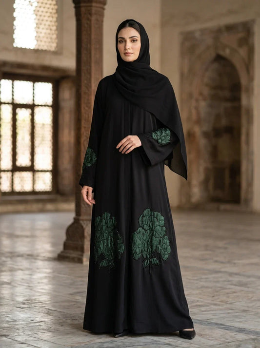 Nayab Abaya - black abaya with green floral applique hem