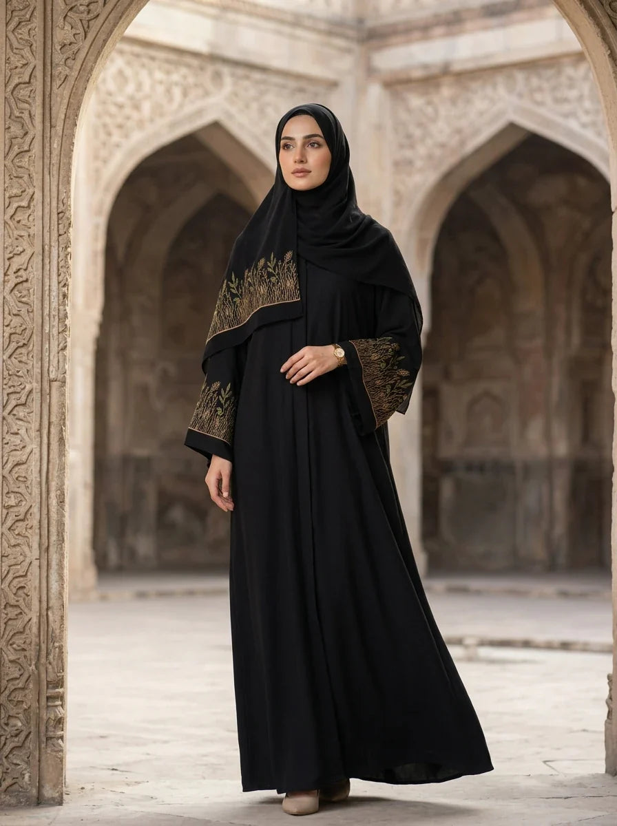 Rameen Abaya - black abaya with gold botanical sleeve embroidery