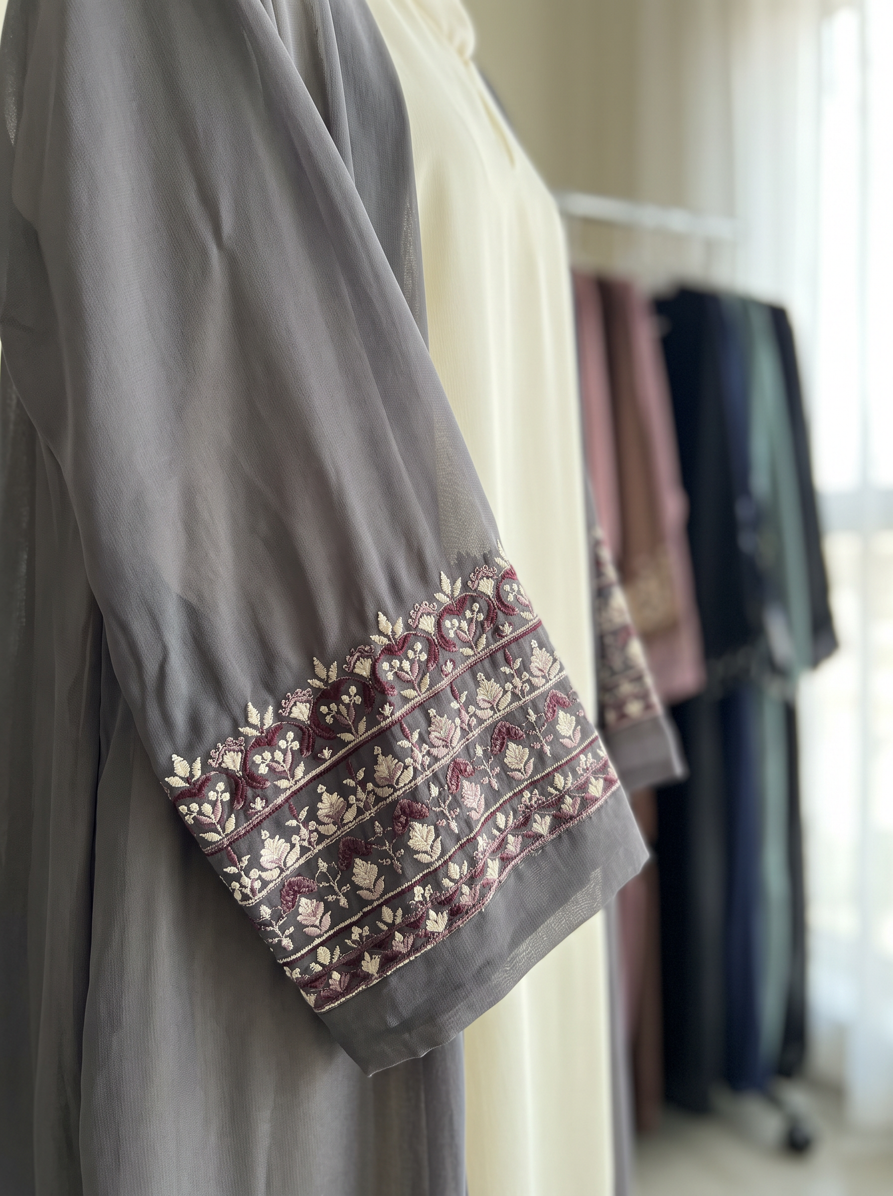 Dania grey sheer abaya, sleeve cuff embroidery detail