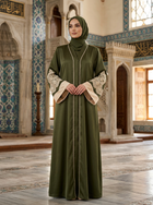 FashionSense Amal Abaya in Olive — front view with collar piping and sleeve lace detail