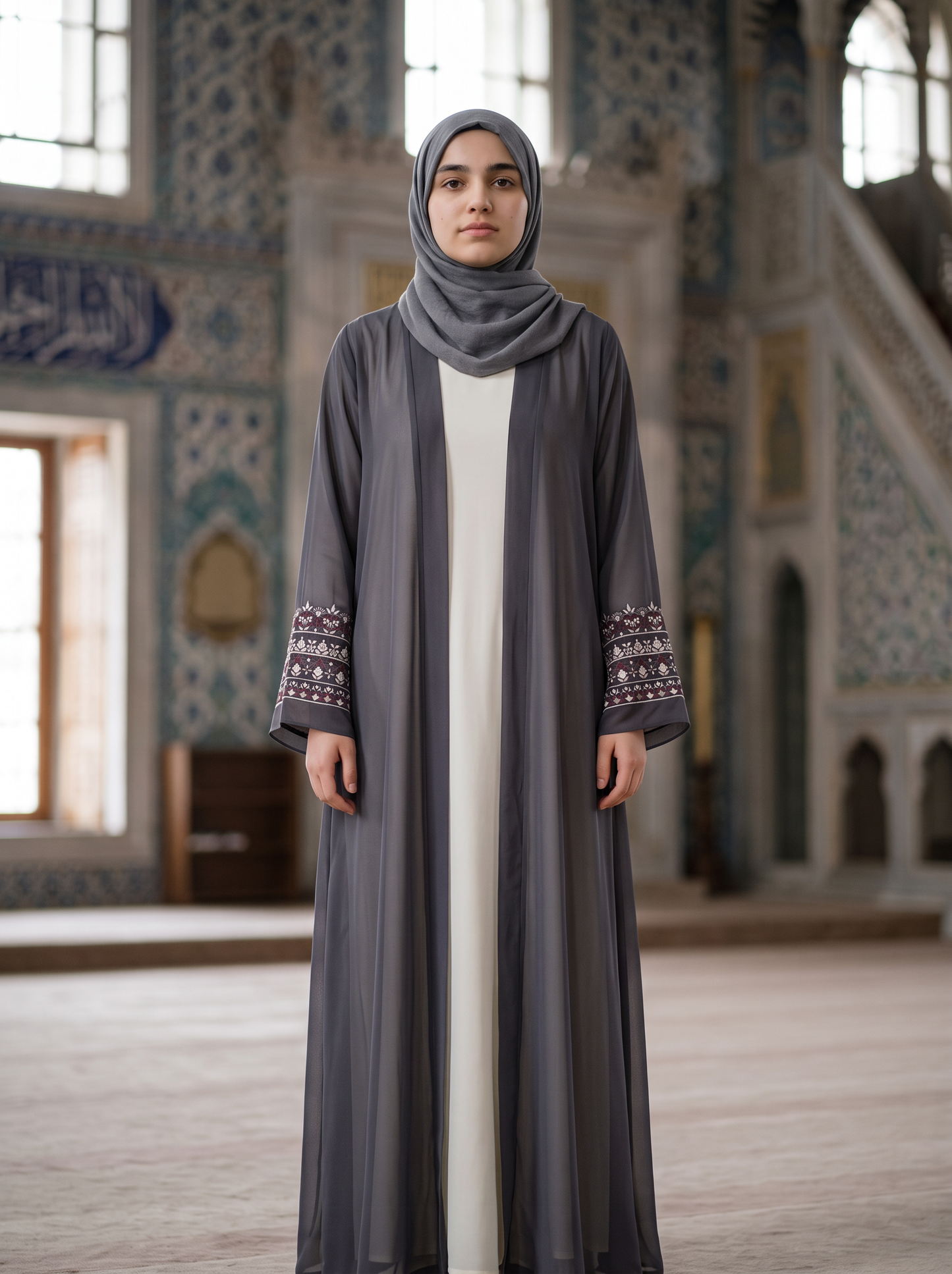 Dania grey sheer embroidered kimono abaya, full-length front view
