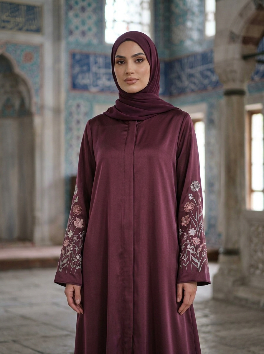 FashionSense Zoya Abaya in Maroon — medium-long view showing drape and cuff embroidery