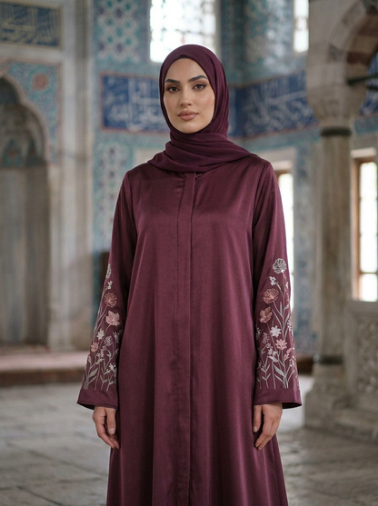 FashionSense Zoya Abaya in Maroon — medium-long view showing drape and cuff embroidery