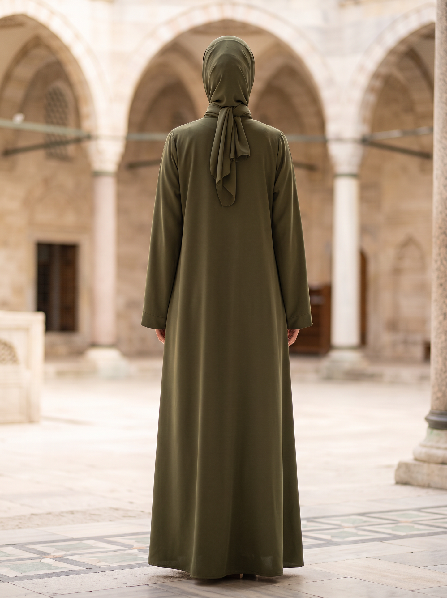 Yasmin olive green abaya, back view