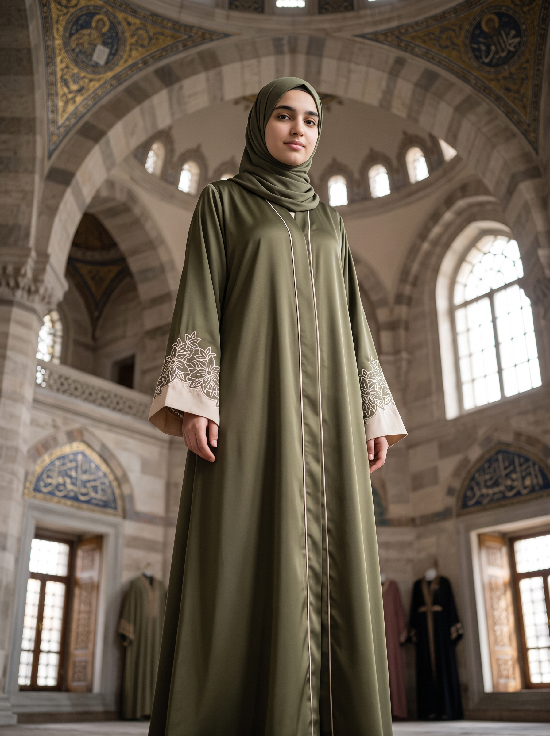 Zara olive green abaya, low-angle full-length