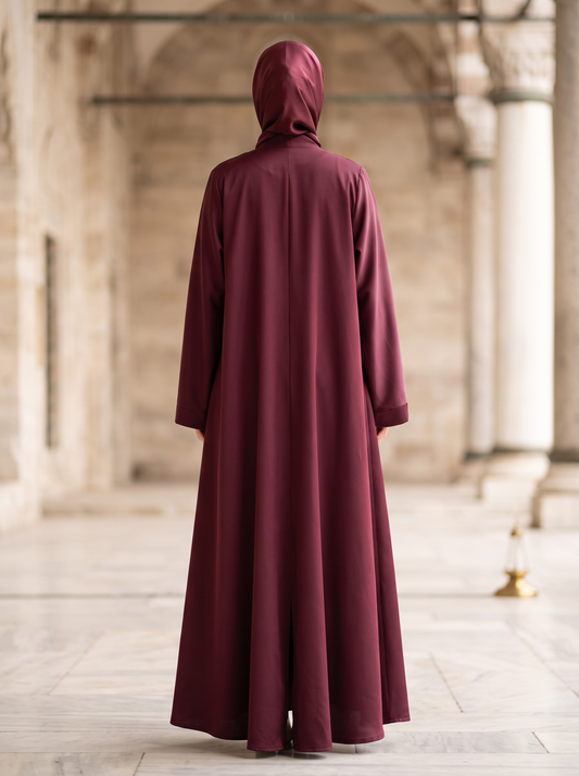 Noor burgundy abaya, back view