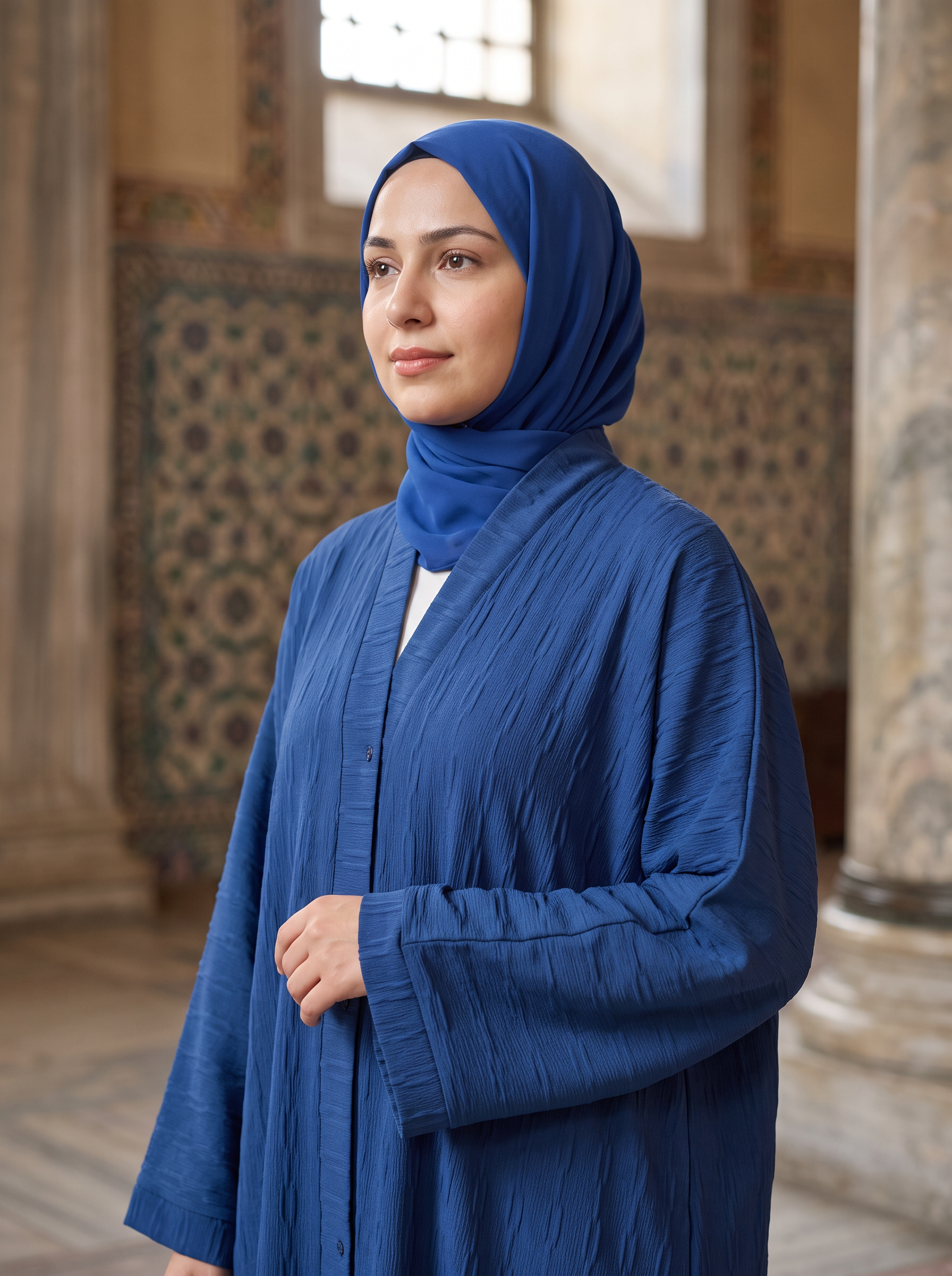 Hala royal blue abaya, medium close-up of fabric and cuff
