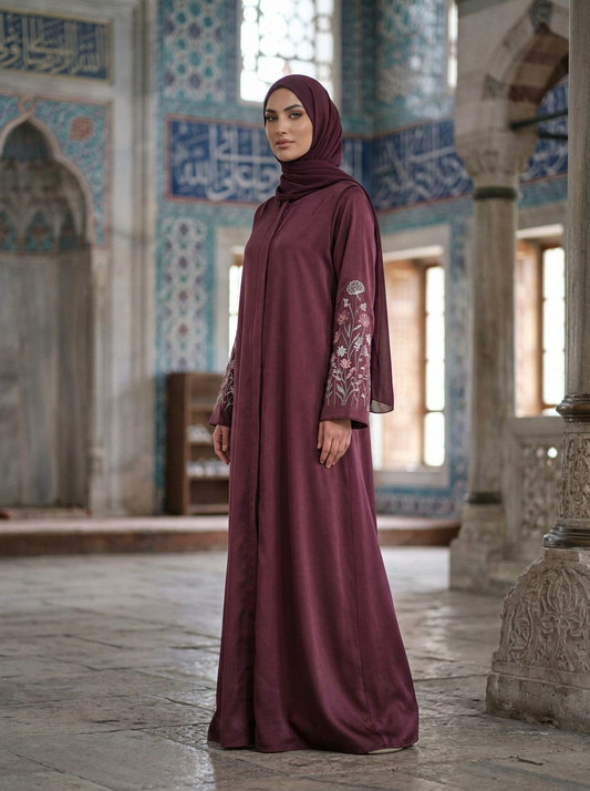 FashionSense Zoya Abaya in Maroon — three-quarter angle view