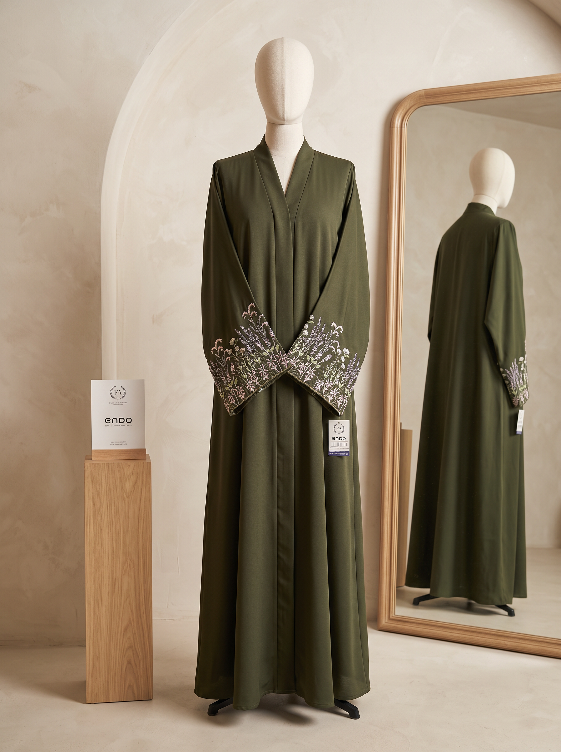 Yasmin olive green abaya, three-quarter angle