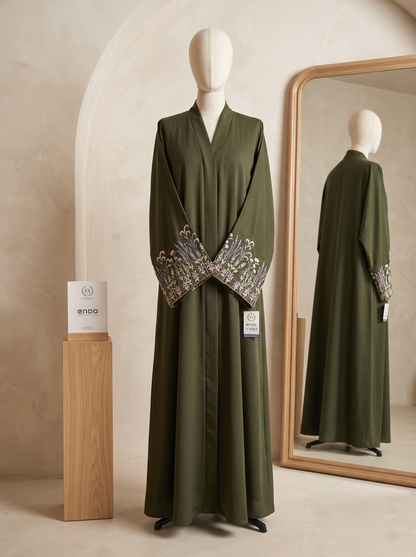 Yasmin olive green abaya, three-quarter angle