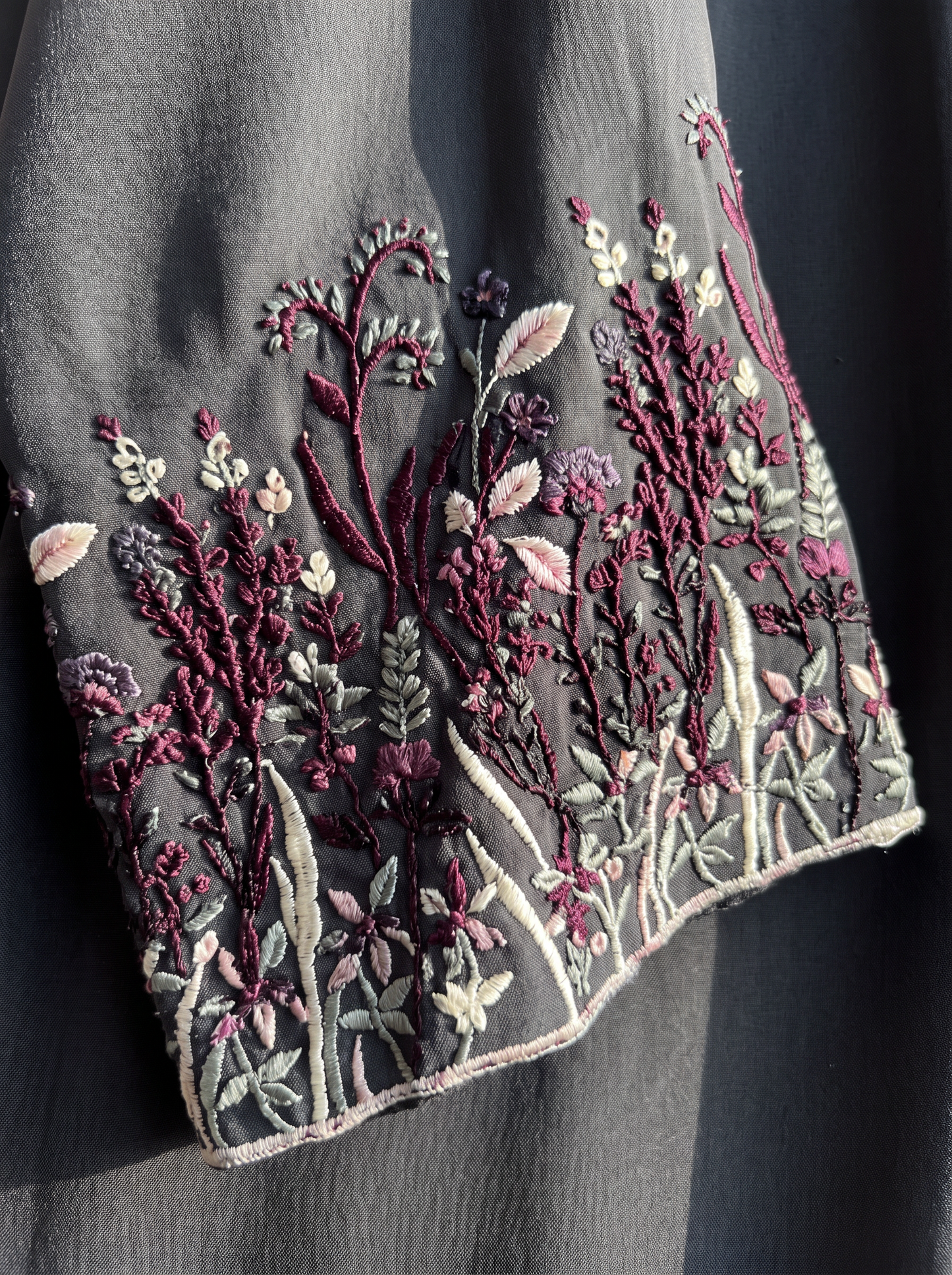 Layla charcoal grey abaya, macro sleeve embroidery detail