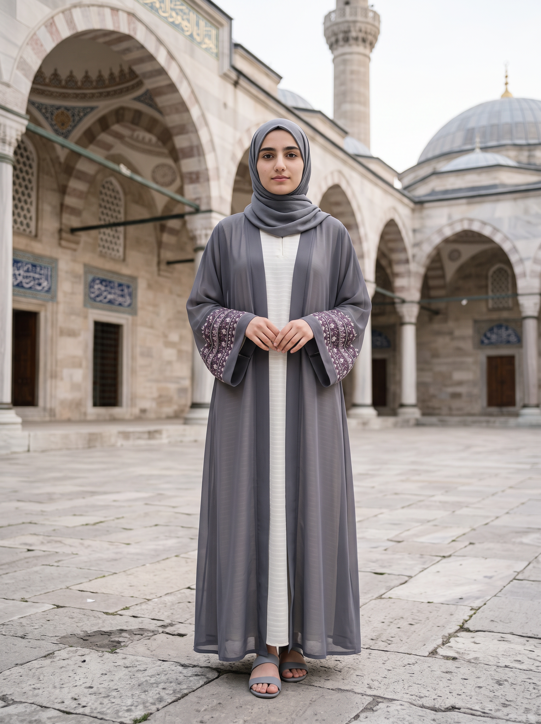 Dania grey sheer abaya, mosque courtyard full-length