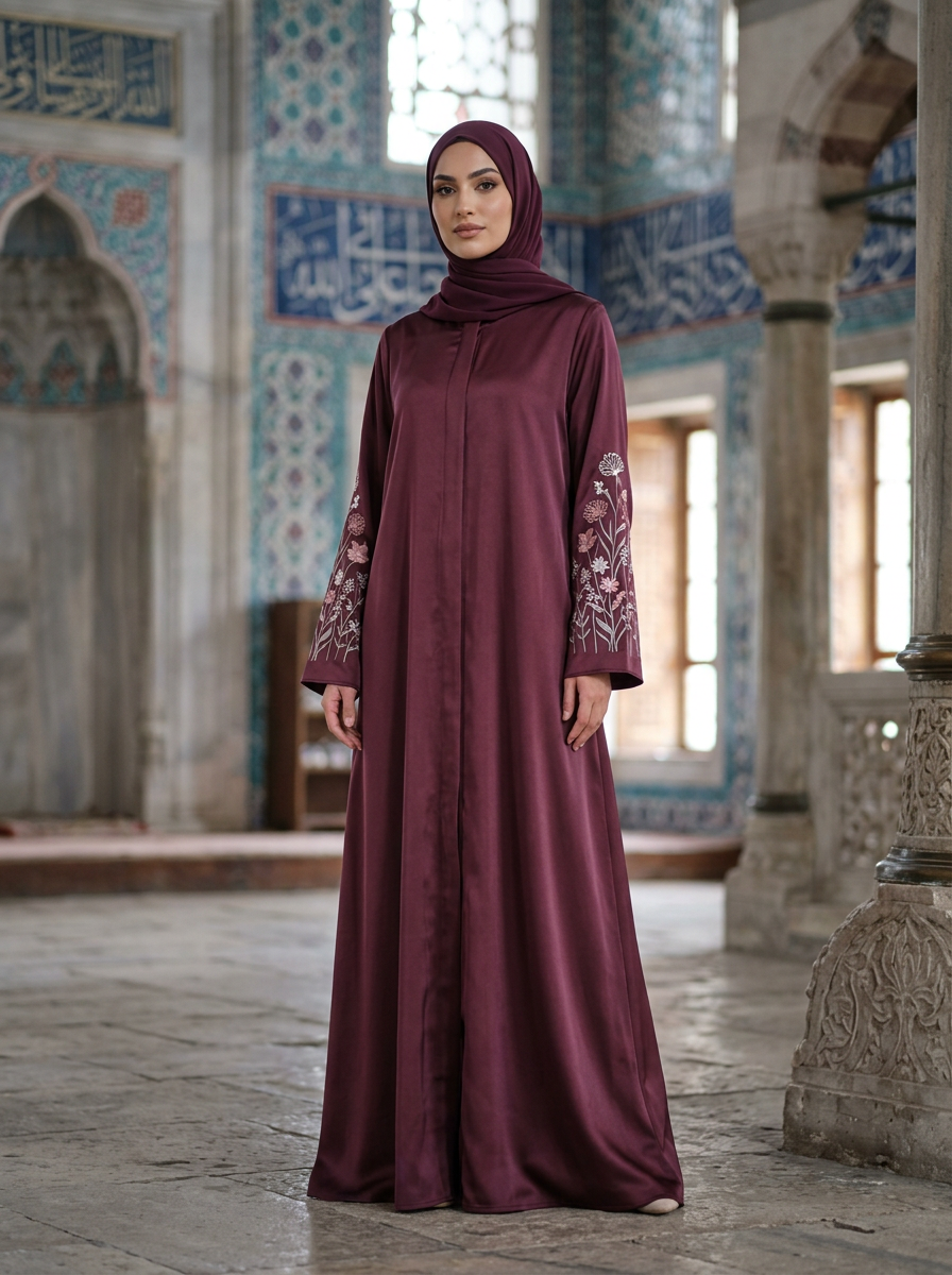 FashionSense Zoya Abaya in Maroon — front view with sleeve embroidery detail