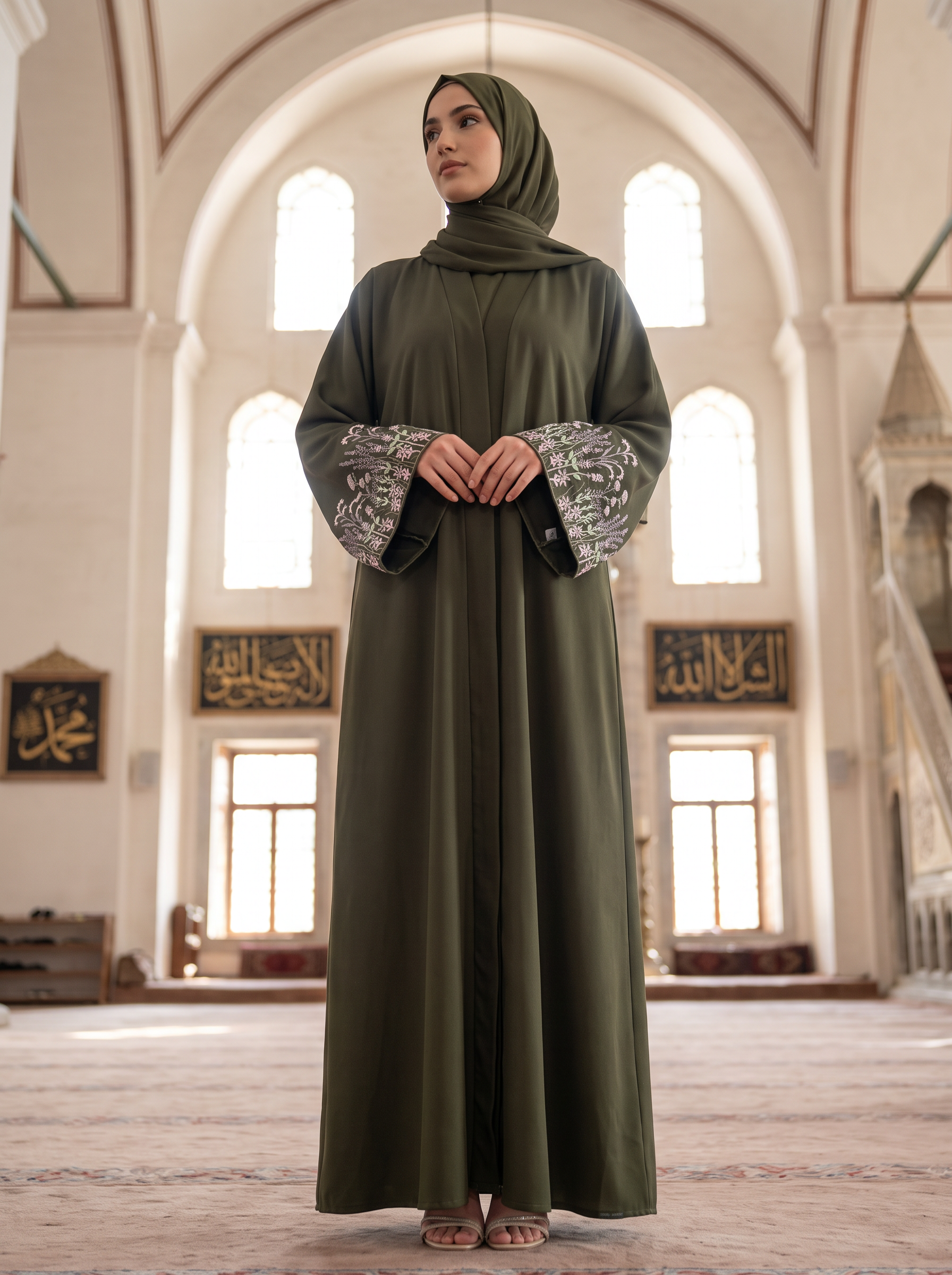 Yasmin olive green abaya, low-angle full-length