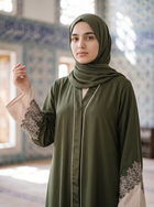 Zara olive green abaya, medium close-up of sleeve embroidery