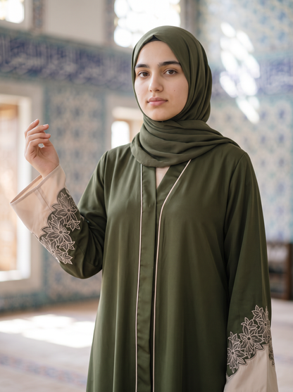 Zara olive green abaya, medium close-up of sleeve embroidery