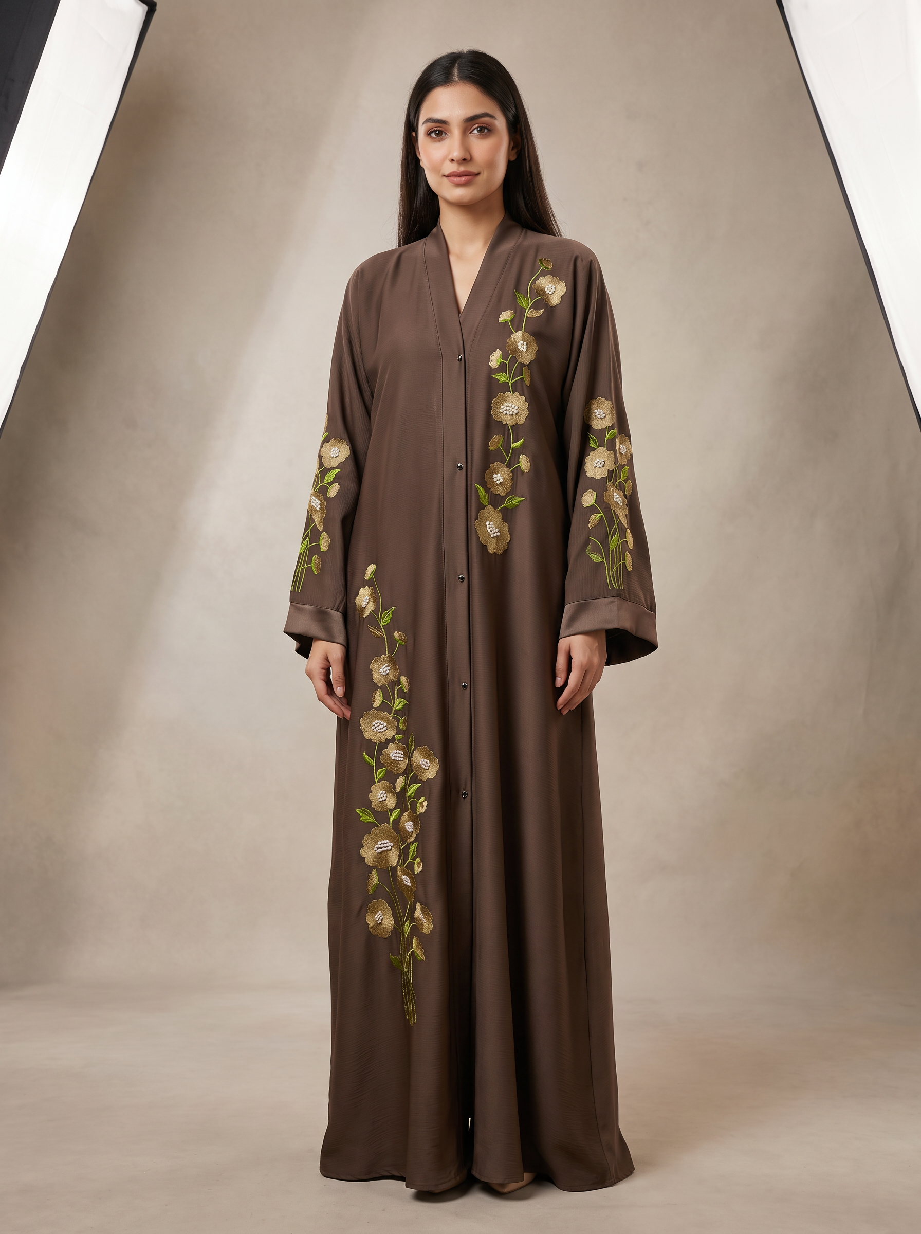 Hiba mocha brown front-open abaya with gold floral embroidery, full-length front view, luxury studio shoot
