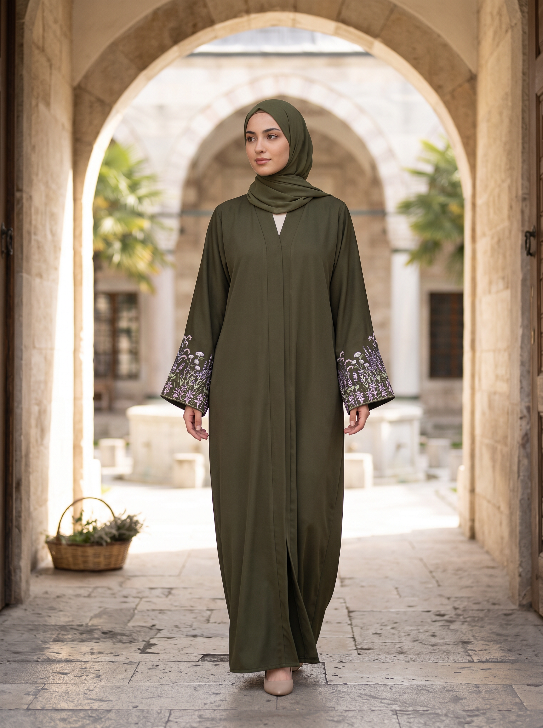 Yasmin olive green abaya, lifestyle context in mosque courtyard