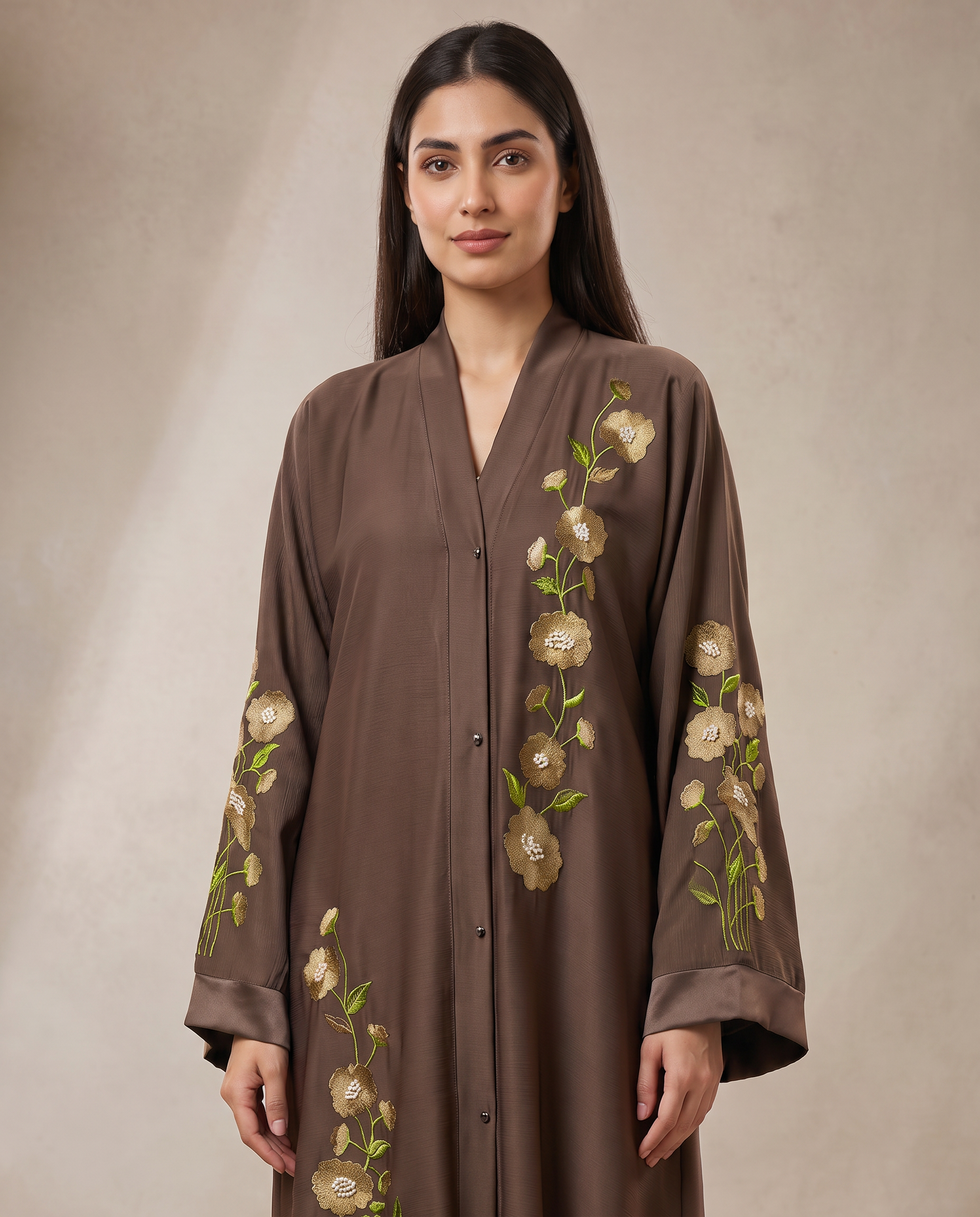 Hiba abaya luxury portrait crop, waist-up view with embroidered neckline detail