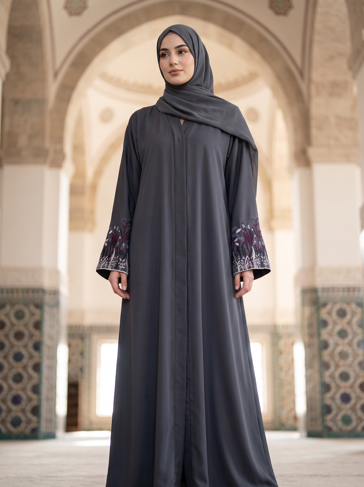Layla charcoal grey abaya, low-angle full-length